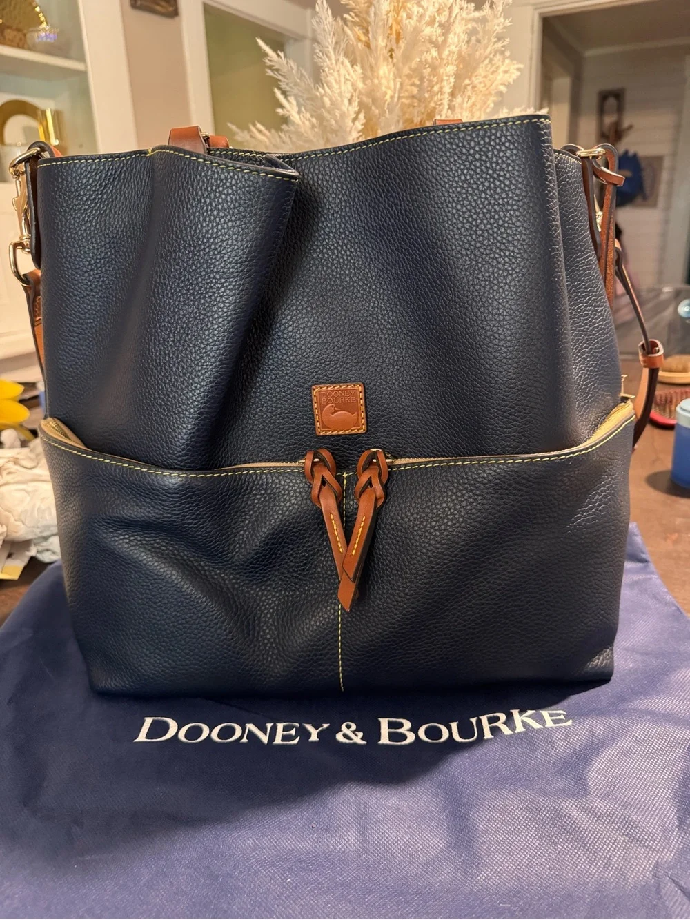Dooney & Bourke Midnight Blue Pebble Satchel with Tan Trim